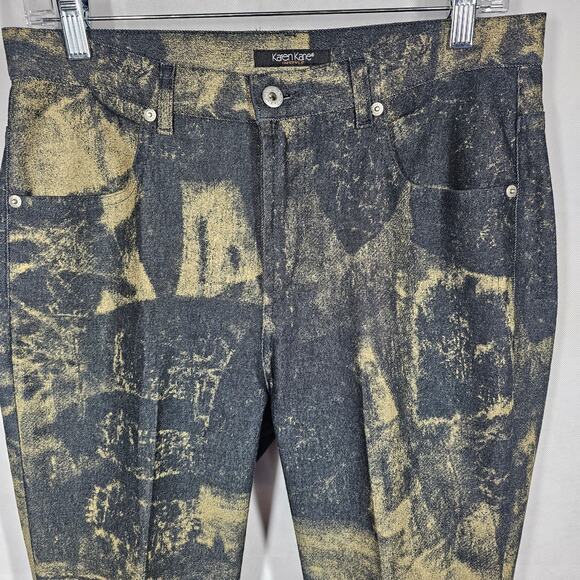 Karen Kane Dark Denim Gold Metallic Painted High Rise Jeans Art to Wear Size 10 - Picture 2 of 12